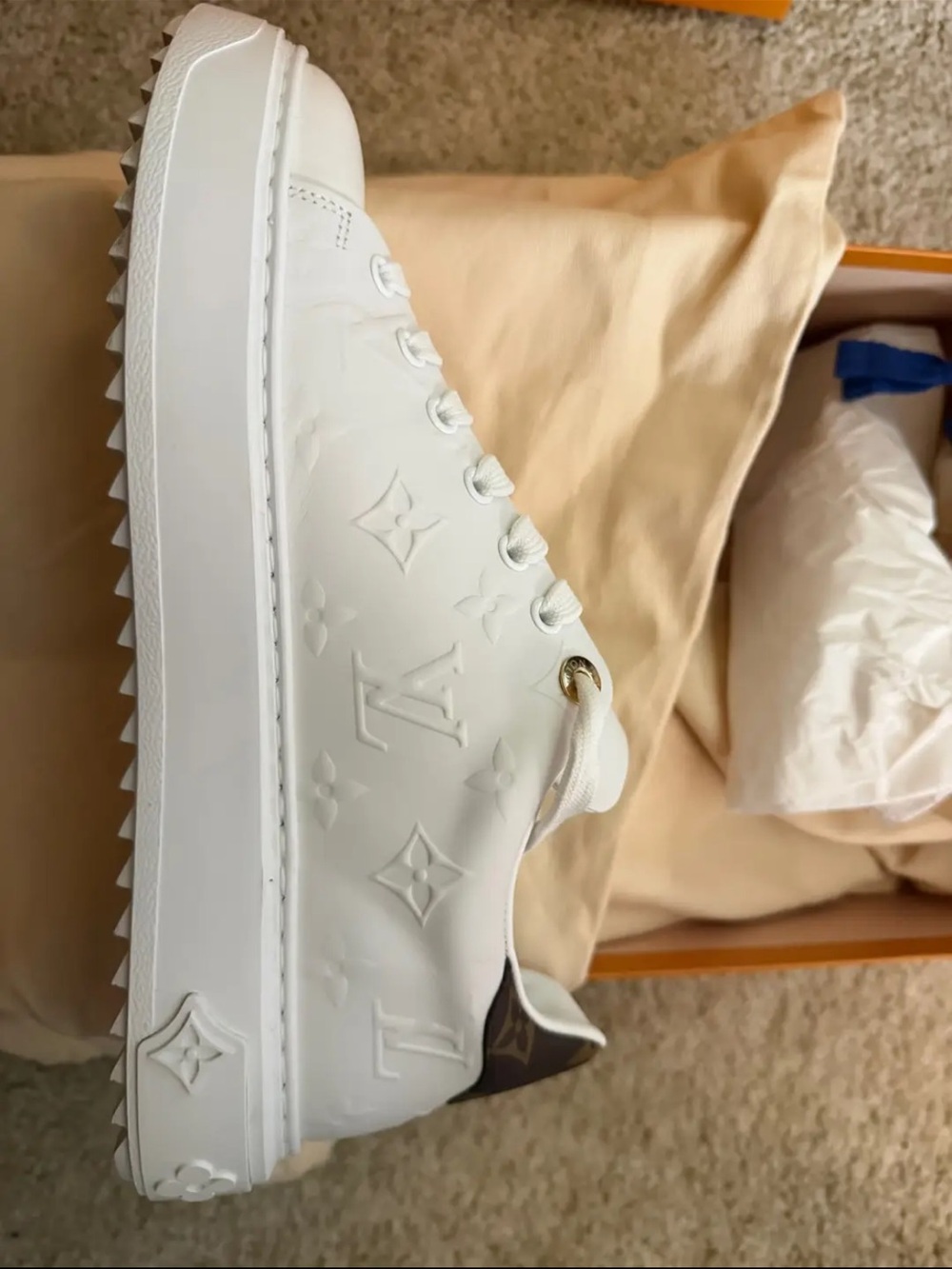 Louis Vuitton White Embossed Monogram platform Sneaker with Brown Heel Tab - Picture 1 of 2